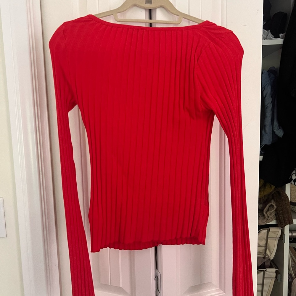 Free People Red Ribbed Button-Down Top - Picture 3 of 3